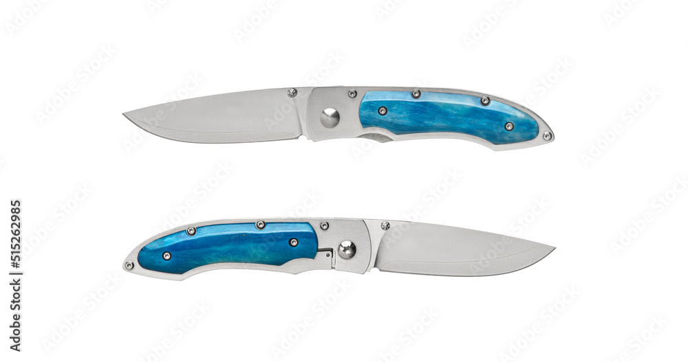 Pocket folding knife isolate on white back. Compact metal sharp knife with a folding blade. Pocket folding knife isolate on white back. Compact metal sharp knife with a folding blade.