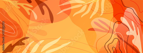 Orange horizontal modern background with abstract shapes, lines, tropical plants, leaves. Vector illustration for text placement, advertising, discounts, etc.