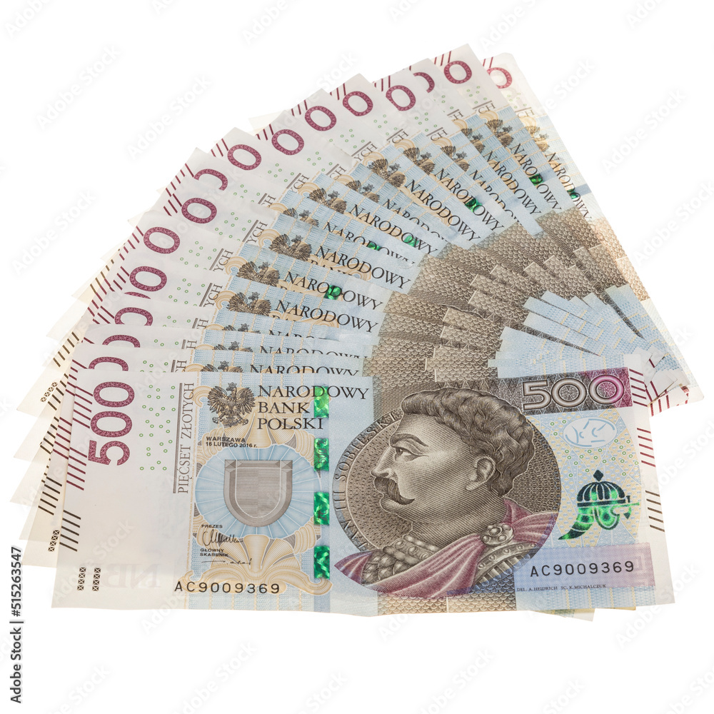 pięćset polskich nowych złotych w nowych banknotach na białym tle - obrazy, fototapety, plakaty 