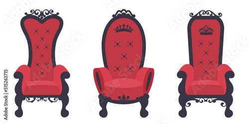 Set of vintage throne chairs. Collection of king armchairs isolated. Throne icon for decoration business card, vip card template. Vector flat illustration