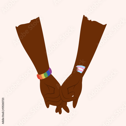 Lgbt couple holding hands. Human arms with lgbtg emblems, rainbow, flag. Wedding in lgbti community.  Gender, diversity, unity concept. Vector flat illustration for poster, card, banner, sticker