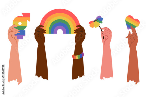 People of different skin holding lgbtg emblems, rainbow, flag in hands. Lgbt  community.  Gender, diversity, unity concept. Vector flat illustration for poster, card, banner, sticker