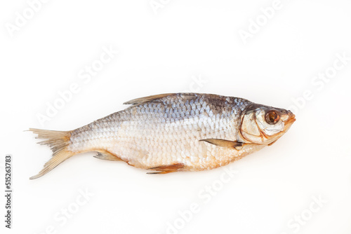 Dry fish. Seafood snack for beer. Salted sun-dried, jerked or smoked fish. Taranka, vobla. Russian or Ukrainian food. Caspian roach fish. Dead fish. High resolution photo. On white background