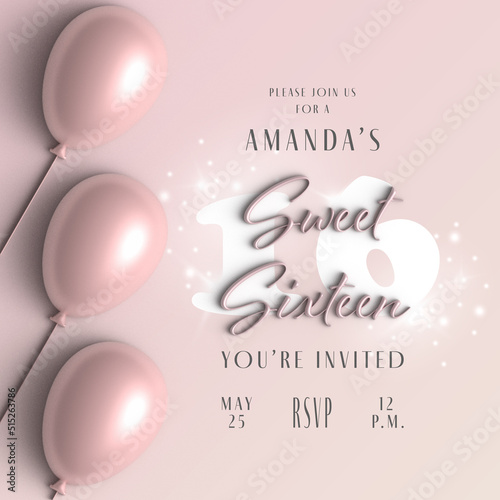 Invitation card design for Sweet 16 party celebration. Banner with pink balloon, pastel colours background, 3d. Birthday party announcement