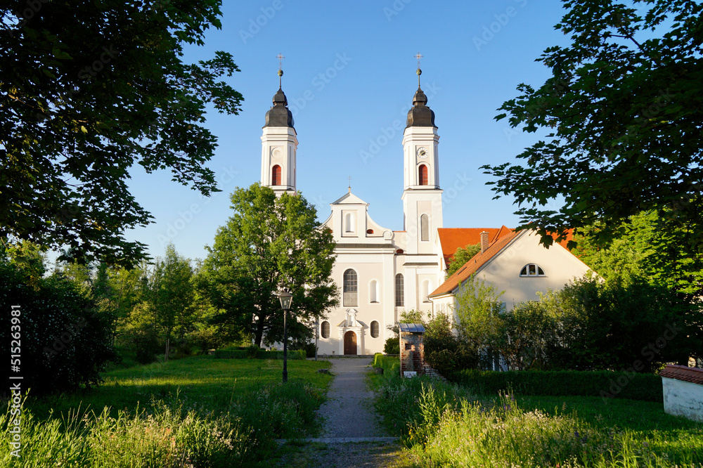 Irsee Abbey or Kloster Irsee surrounded by the lush green trees on a fine summer day (Irsee, Bavaria, Germany)