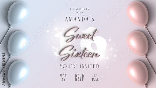 Invitation card design for Sweet 16 party celebration. Banner with pink balloon, pastel colours background, 3d. Birthday party announcement
