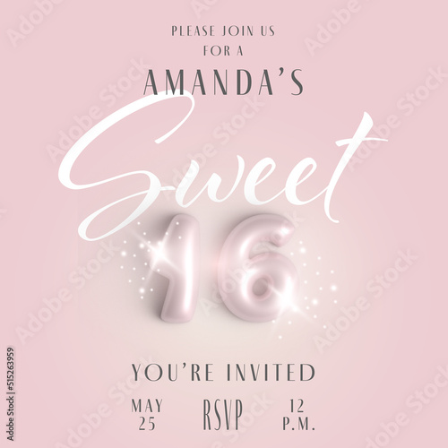 Invitation card design for Sweet 16 party celebration. Banner with pink balloon, pastel colours background, 3d. Birthday party announcement
