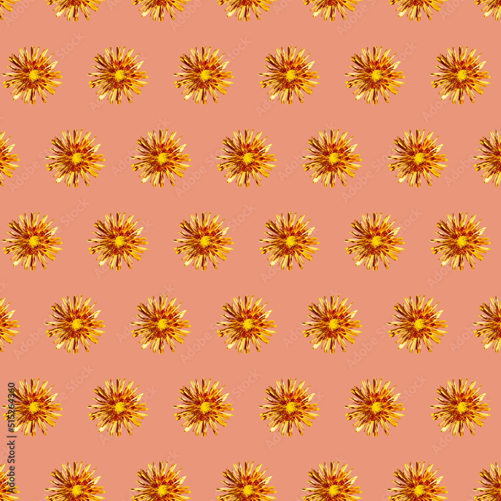 Beautiful chrysanthemums in geometric grid pattern on a calming coral background