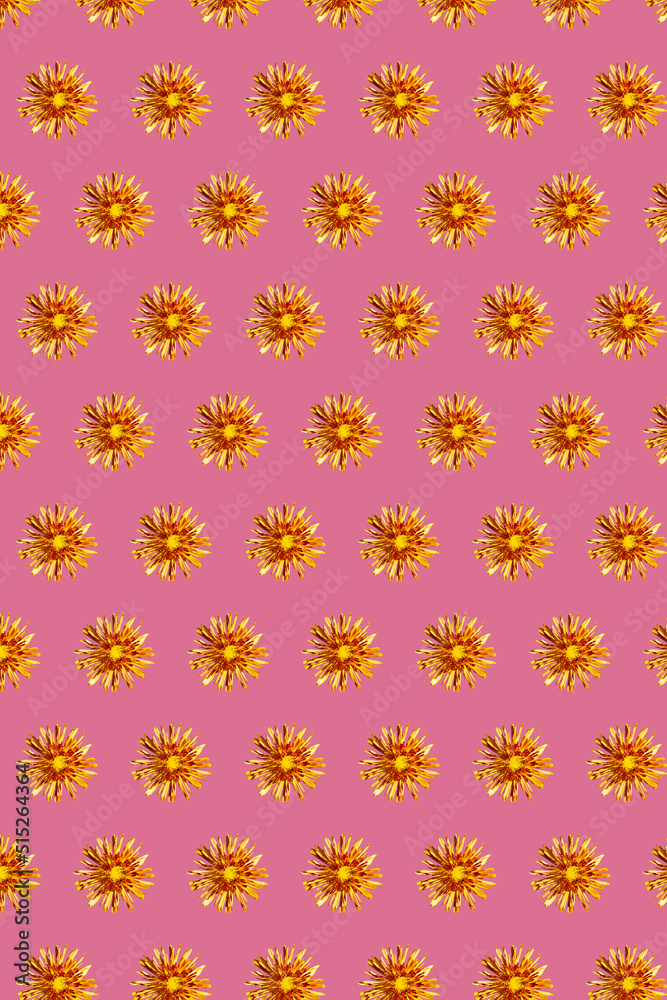 Yellow chrysanthemums in geometric grid pattern on a calm pink background. Vertical floral wallpaper 