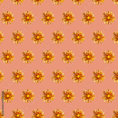 Beautiful chrysanthemums in geometric grid pattern on a calming coral background