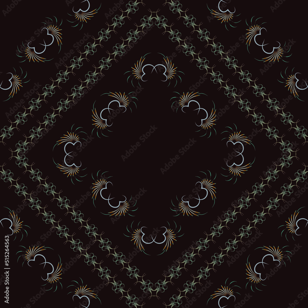 Vector seamless floral pattern for the design of a scarf, tablecloth, tiles. Pattern frame squared background black Vector seamless floral pattern for the design of a scarf, tablecloth, tiles. Pattern frame squared background black