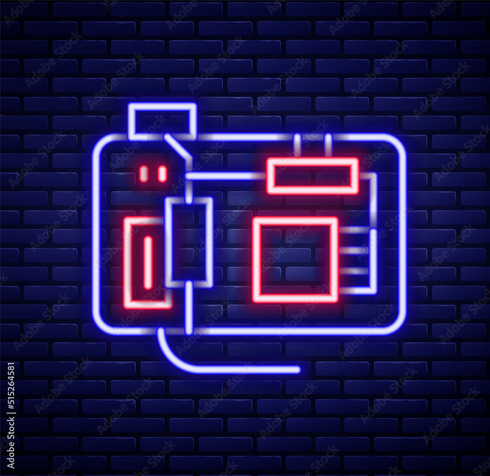 Glowing neon line Electronic computer components motherboard digital chip integrated science icon isolated on brick wall background. Circuit board. Colorful outline concept. Vector Glowing neon line Electronic computer components motherboard digital chip integrated science icon isolated on brick wall background. Circuit board. Colorful outline concept. Vector
