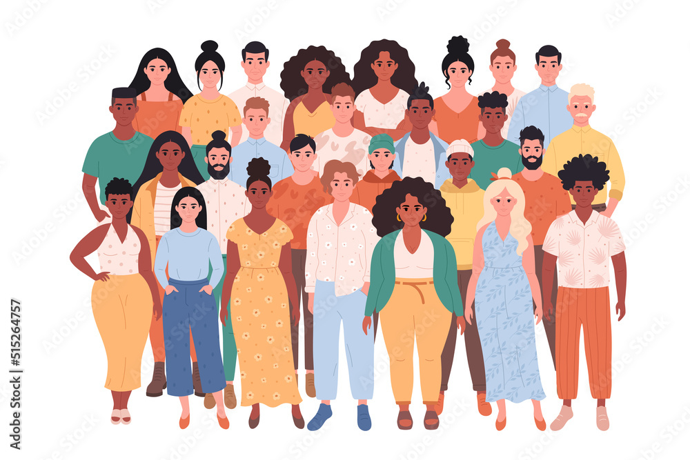 Crowd of different people of different races, body types. Social diversity of people in modern society. Hand drawn vector illustration