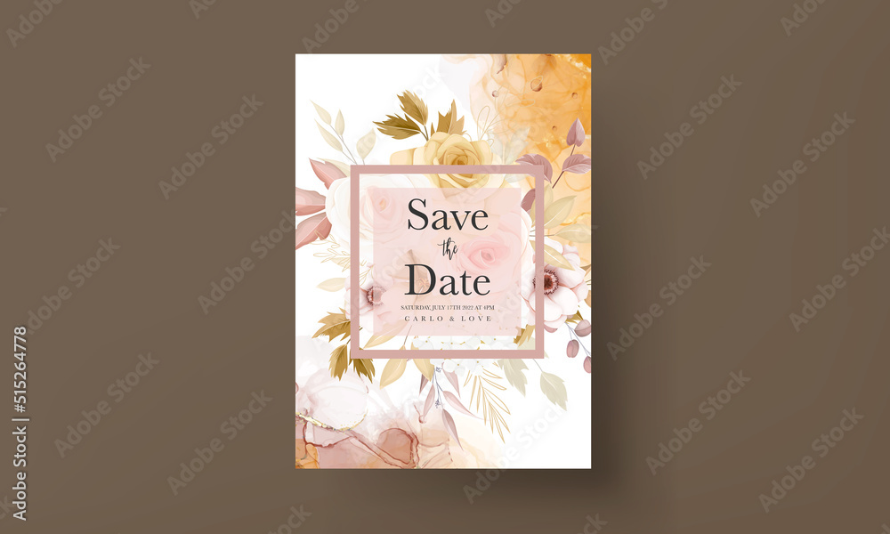 wedding invitation template set with elegant brown floral