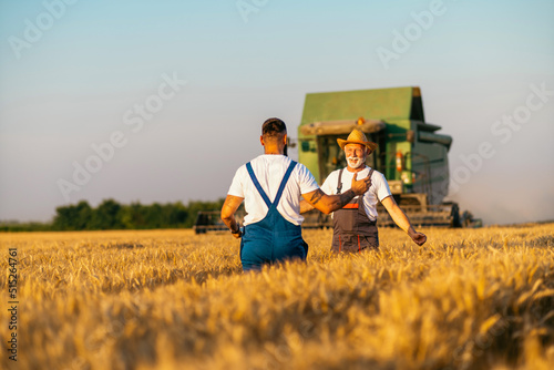 Grandfather and grandson, satisfied with the harvest, walk towards each other in the wheat field, rejoicing in their mutual success, while in the background the harvester harvests.