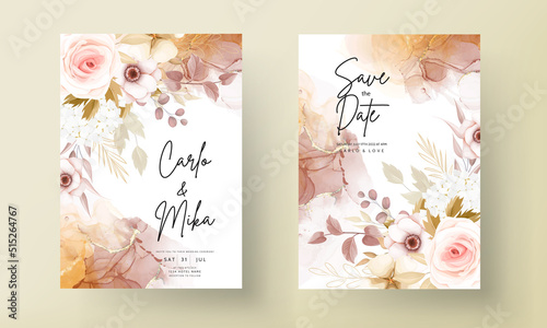Photo wedding invitation template set with elegant brown floral