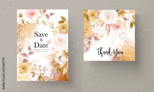 Photo wedding invitation template set with elegant brown floral