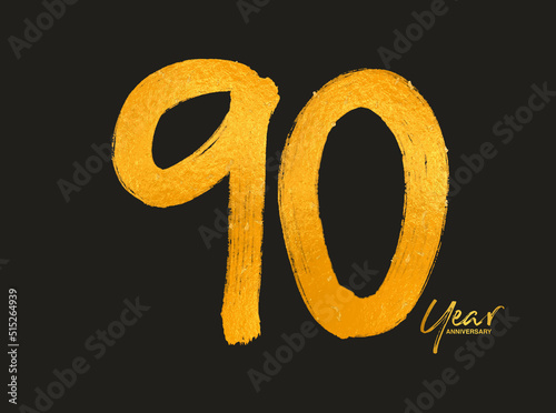 Gold 90 Years Anniversary Celebration Vector Template, 90 Years  logo design, 90th birthday, Gold Lettering Numbers brush drawing hand drawn sketch, number logo design vector illustration
