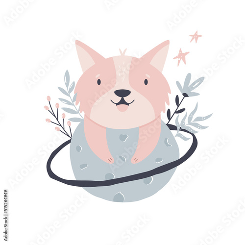 Vector illustration of an adorable corgi on a planet. Cute composition with a funny animal.