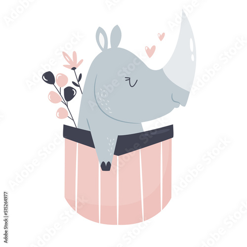 Vector illustration of a cute rhino sitting in a little pocket