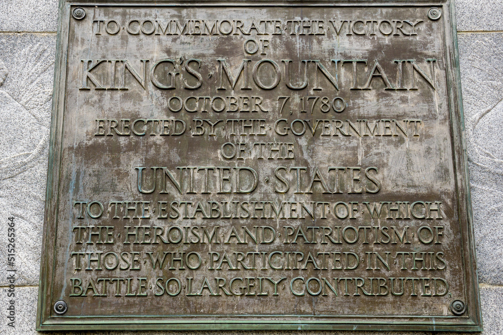 Close up of the plaque on the Kings Mountain Monument, South Carolina