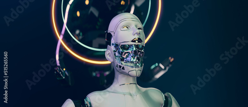 Fototapeta Naklejka Na Ścianę i Meble -  Cybernetic brain cyborg face futuristic robotic head concept art of artificial intelligence network with copyspace.