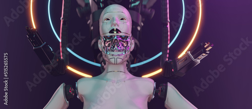Cybernetic brain cyborg face futuristic robotic head concept art of artificial intelligence network with copyspace.