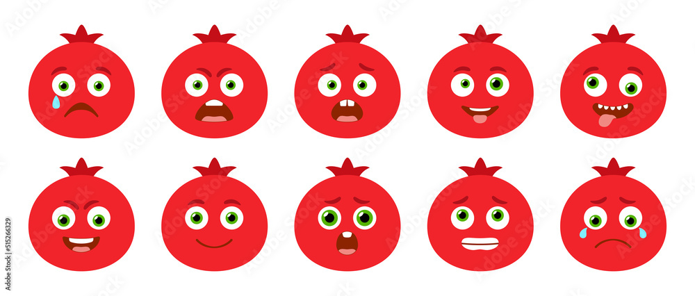 Fototapeta premium Emoticon of cute Pomegranate. Isolated vector set