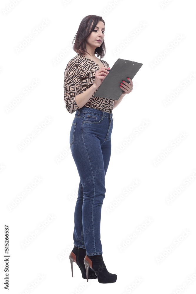 in full growth. Executive young woman with clipboard.
