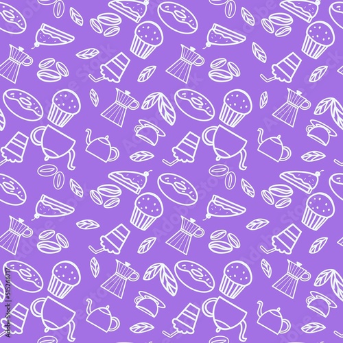 coffee shop doodle background on purple background
