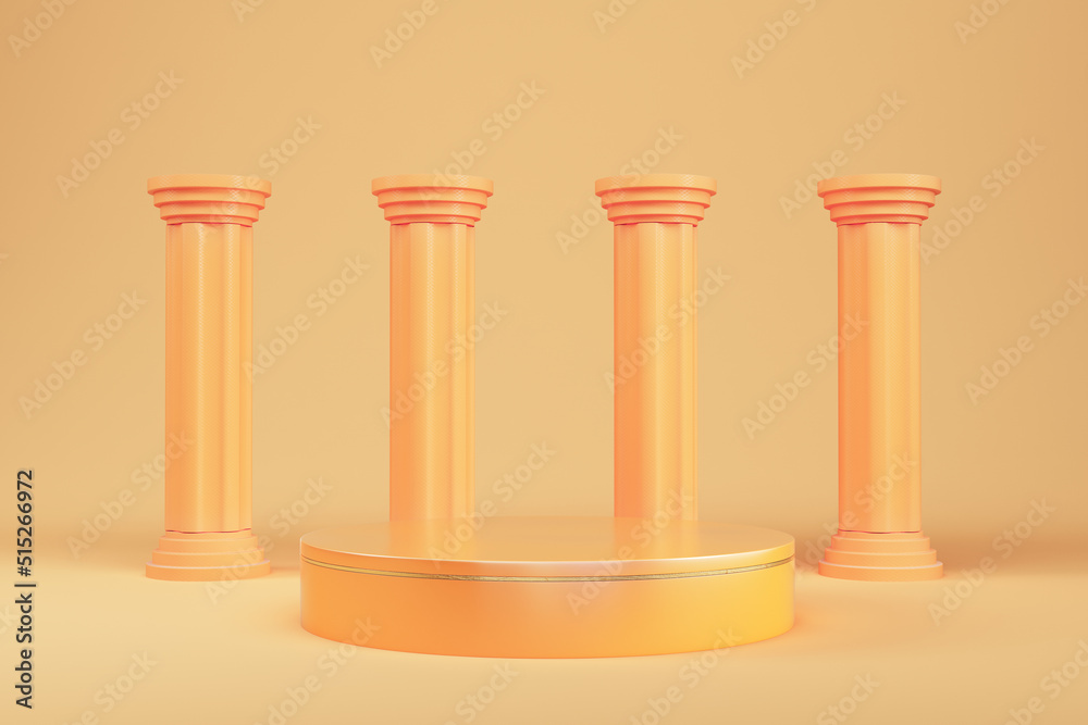 Abstract minimal background. Orange cylindrical pedestal with ancien columns for product display Abstract minimal background. Orange cylindrical pedestal with ancien columns for product display