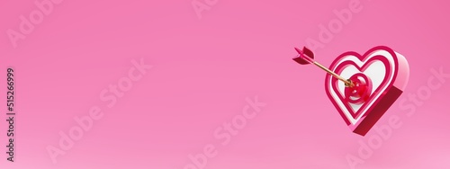Pfeil auf herzförmige Scheibe trifft das Ziel, pink metal, Perspektive von rechts, 3D Rendering, 3D Illustration