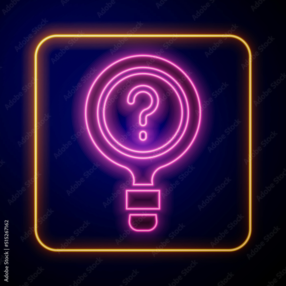 Glowing neon Unknown search icon isolated on black background. Magnifying glass and question mark. Vector