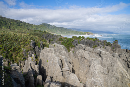 Stratified layer-like formation of famous pancake rocks at Punakaiki