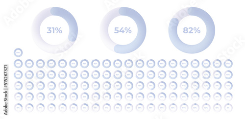 Loading indicator. Progress bar. Percentage meter. UI, User interface. Loading symbol. Download process. Circle icons set. Minimalistic 3d template. Modern design. White color. Vector illustration.