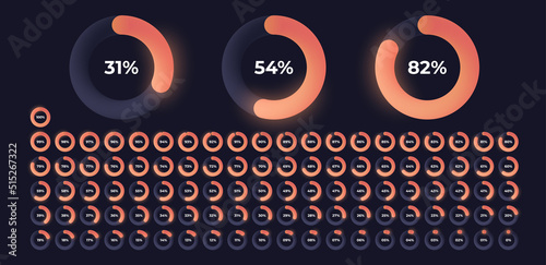 Loading indicator. Progress bar. Neon orange color, black background. Percentage meter. UI, User interface. Loading symbol. Download process. Circle icons set. 3d template. Vector illustration eps10.