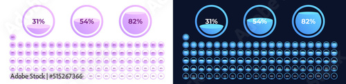 Loading indicator. Progress bar. Filling capacity. Blue color, black background. Percentage meter. UI, User interface. Loading symbol. Download process. Circle icons set design. Vector illustration.