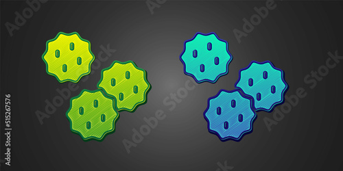 Green and blue Cookie or biscuit with chocolate icon isolated on black background. Vector