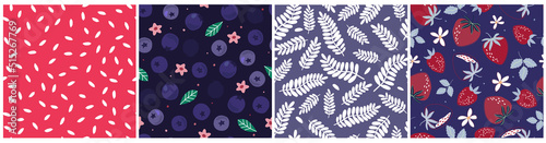 A set of seamless patterns with juicy blueberries and strawberries. Summer fruit print. Vector graphics.
