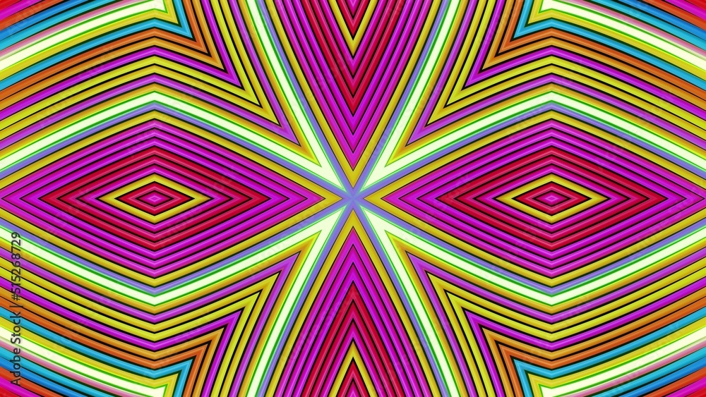 Geometric abstract background. Abstract symmetrical composition, multicolored 3d elements. 3d render abstract kaleidoscope with 3d simple objects. Motion design style