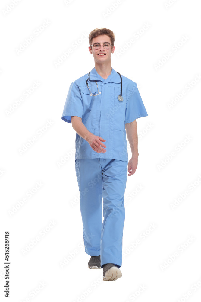 Full length portrait of young caucasian with stethoscope walking doctor Full length portrait of young caucasian with stethoscope walking doctor