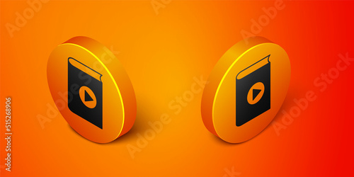 Isometric Audio book icon isolated on orange background. Play button and book. Audio guide sign. Online learning concept. Orange circle button. Vector