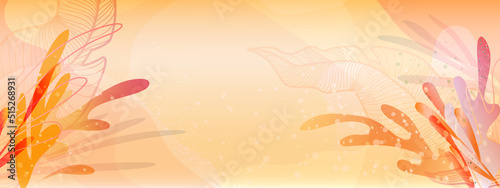 Abstract light golden soothing background with tropical leaves and stems. Beautiful modern templates for placing text, promotions, advertising, promotions in soothing yellow-orange tones. Vector summe