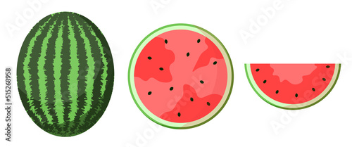 Green watermelon with flower and leaf on whine background. Isolated illustration of fruits. Health and delicious food. Icon design.