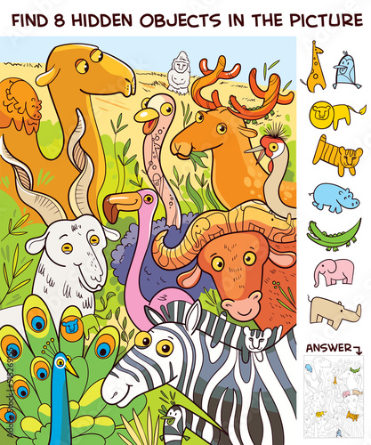 Group of wild animals in the zoo. Find 8 hidden objects in the picture. Puzzle Hidden Items. Funny cartoon character. Vector illustration