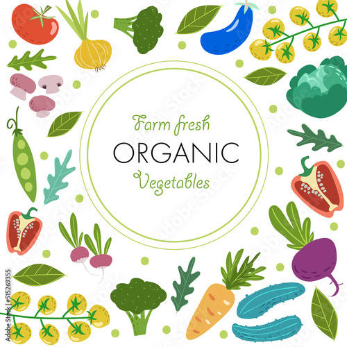 Farm fresh organic vegetables banner or poster design templste. Doodled colorful sketch style hand drawn veggies around circle with text. Vector illustration.