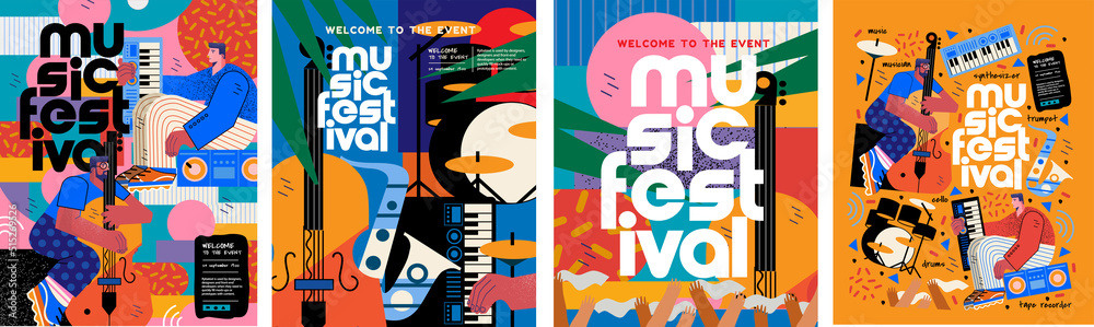 Music festival.Vector illustrations of musicians, people and musical instruments: drums, cello, synthesizer, tape recorder for poster, flyer or background - obrazy, fototapety, plakaty 