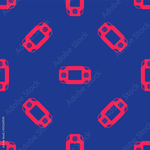 Red Portable video game console icon isolated seamless pattern on blue background. Handheld console gaming. Vector