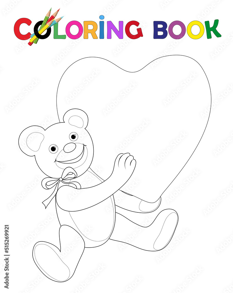  Malvorlage Teddybär mit großes Herz, Vektor Illustration isoliert auf 