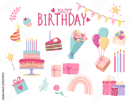 Set of birthday items. Colorful camdles, cake, present, balloons. Cartoon ill...